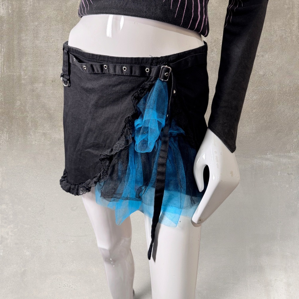 Tripp NYC Black Blue Tulle Lace Belted Mini Skirt M Y2K